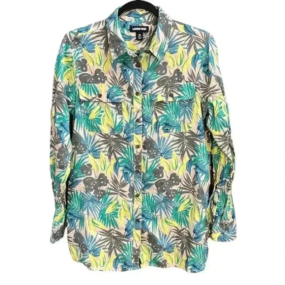 Lands' End Linen Button Front Tropical Button Up Top M(10-12) - Picture 2 of 7